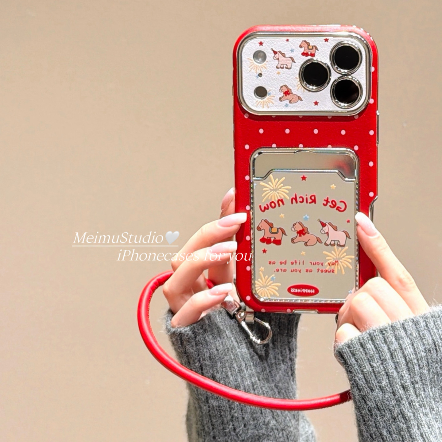 美牧新年ins红色波点小马卡包适用苹果17pro手机壳iphone16promax新款15镜面17皮质挂绳13少女14pm喜庆16全包,3C数码配件,手机保护套/壳,淘宝优惠券,粉丝福利购,淘宝优惠卷