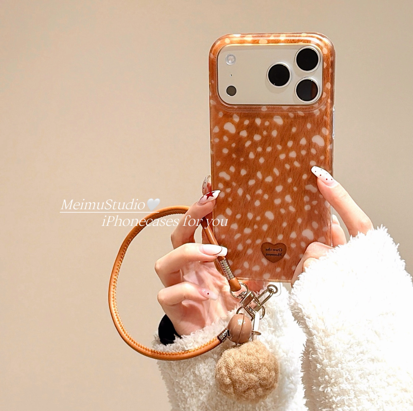美牧ins小众简约棕色梅花鹿纹适用苹果17promax手机壳iphone16pro新款15带挂绳17秋冬14韩风15pm个性16全包女