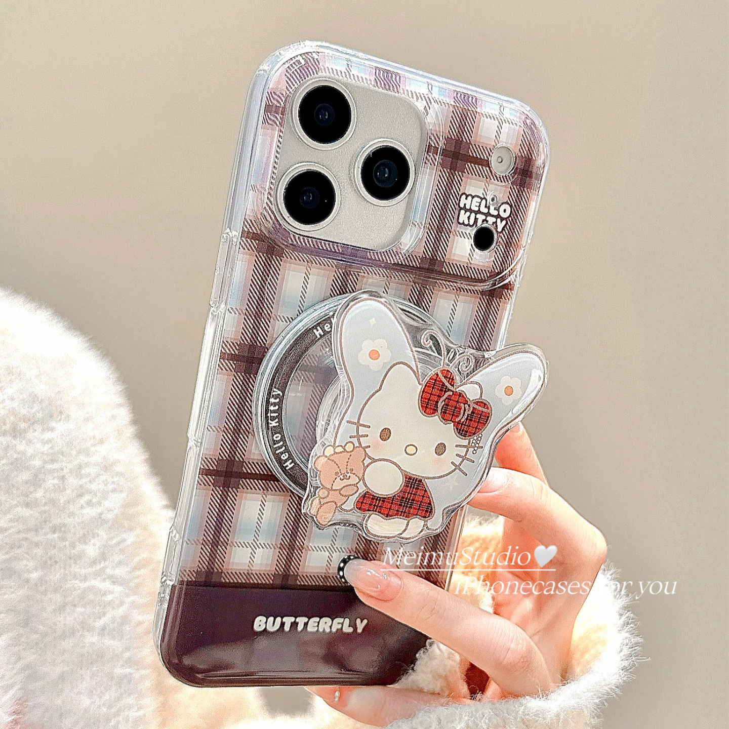 复古格纹KT猫支架适用苹果手机壳