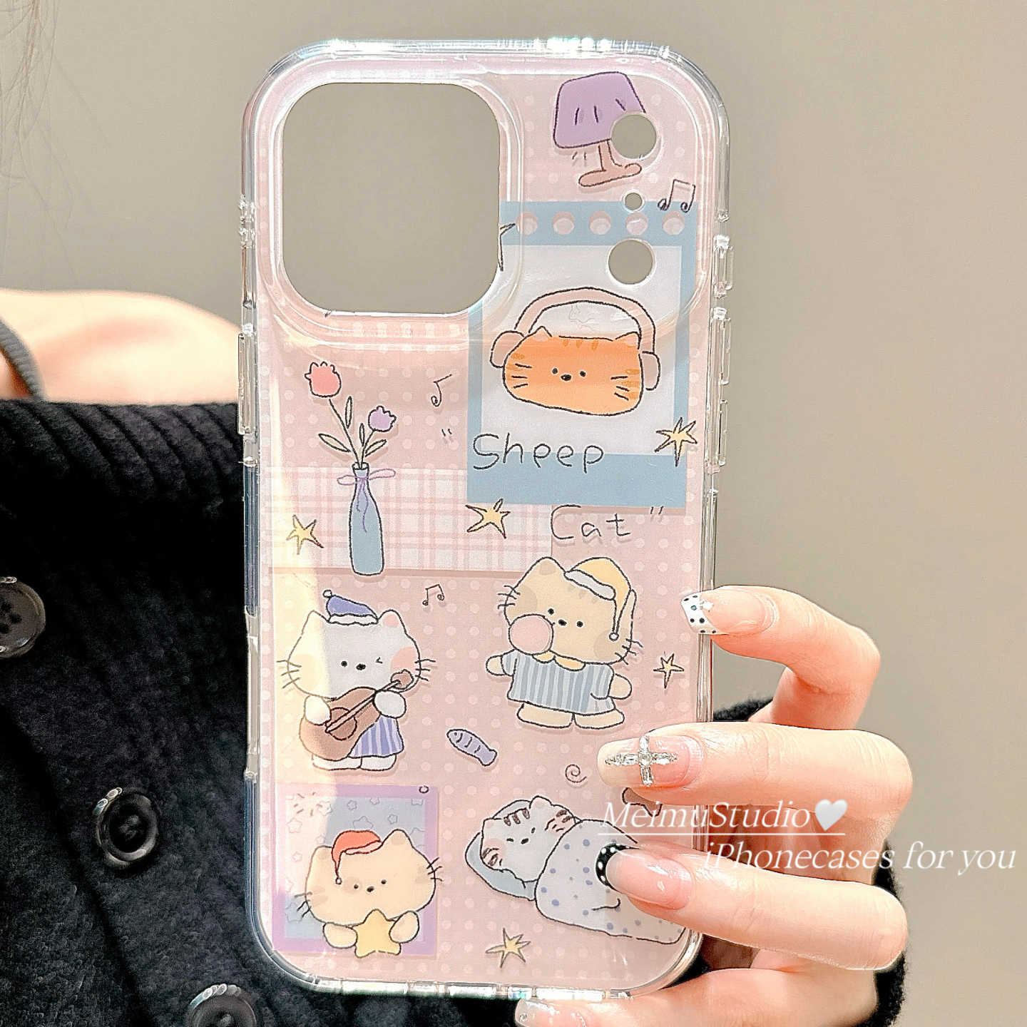 少女粉色波点猫咪适用苹果手机壳