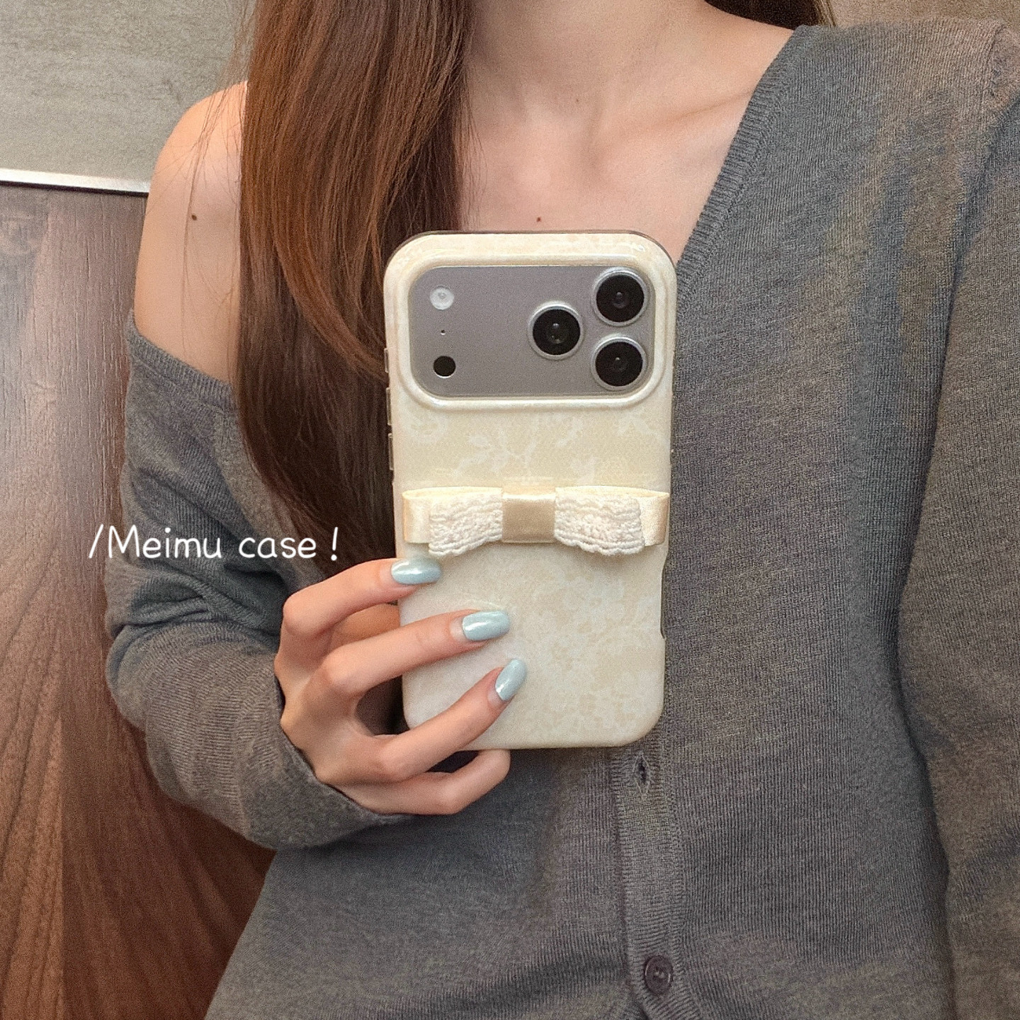 美牧 韩系ins米白花纹蕾丝蝴蝶结适用苹果18promax手机壳iphone17pro新款15女16pro小众15pro全包防摔手机套