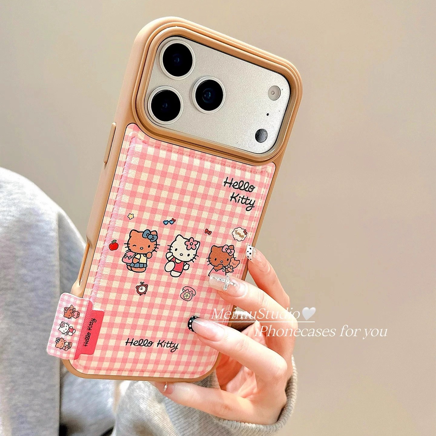 少女粉色格纹KT猫适用苹果手机壳