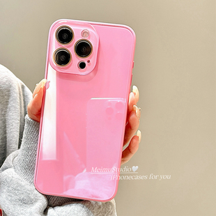 美牧ins简约纯色自带镜头膜适用苹果17promax手机壳iPhone15新款 15pro亮面玻璃16高级感14pm情侣12网红13全包