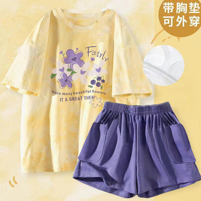 纯棉睡衣女夏款带胸垫纯棉套装短袖短裤卡通夏季新款可外穿家居服