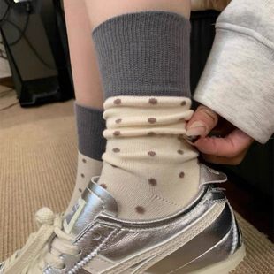 韩版 袜子女春秋日系复古拼色罗口波点中筒袜韩国网红情侣堆堆长袜