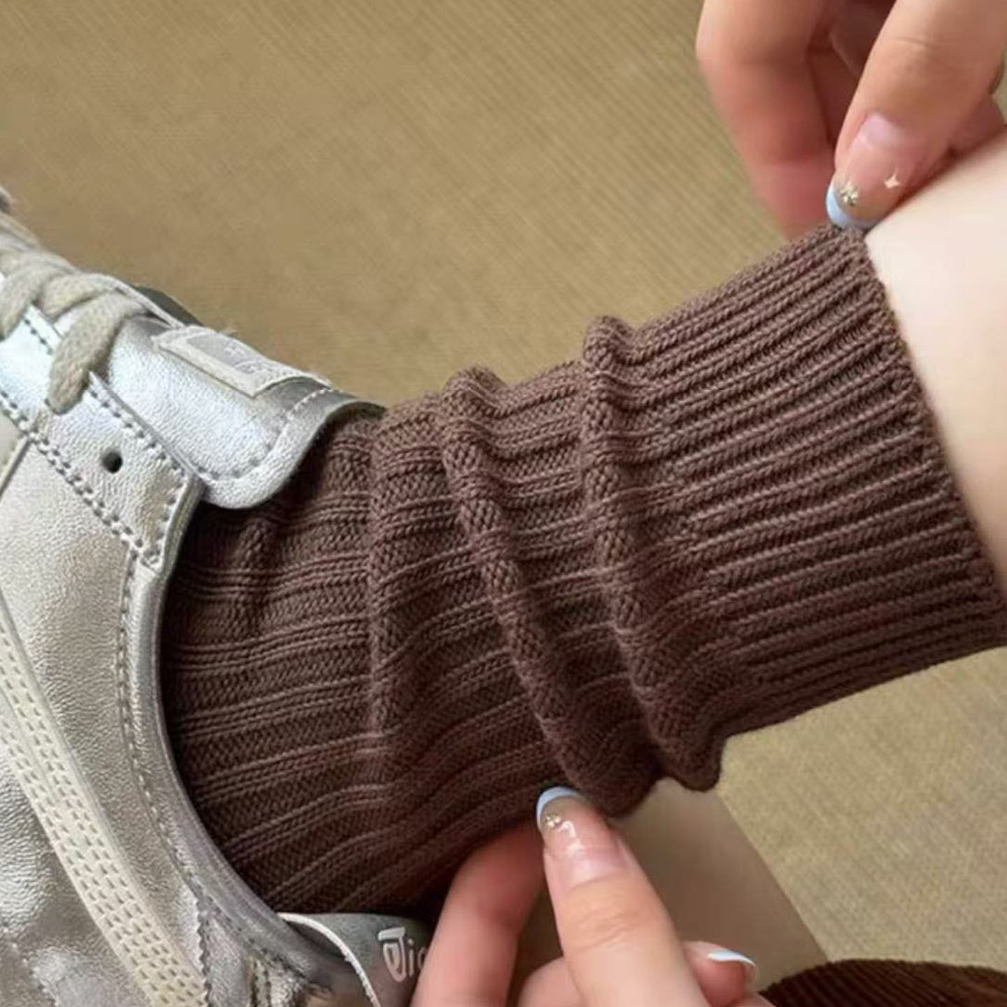 袜子女春秋粗线堆堆袜棉质针织毛线中筒袜勃肯鞋日系复古驼色袜子