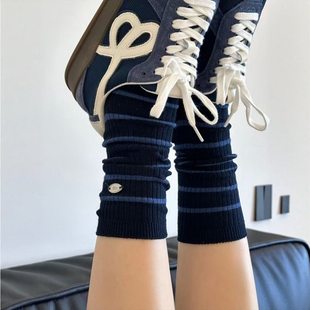韩版 配饰花边袜 袜子女藏青学院风miu系蝴蝶结无骨中筒袜秋冬新品