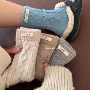 韩版 袜子女兔羊毛egg秋冬加厚韩国东大门ins布标保暖中筒堆堆袜女