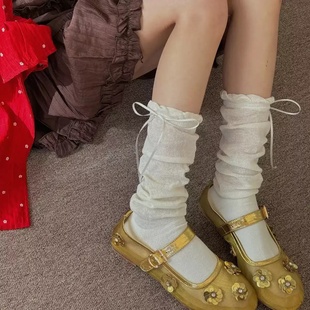 小清新日系中筒袜子女 miu系甜美少女蝴蝶结泡泡口堆堆袜春夏新款