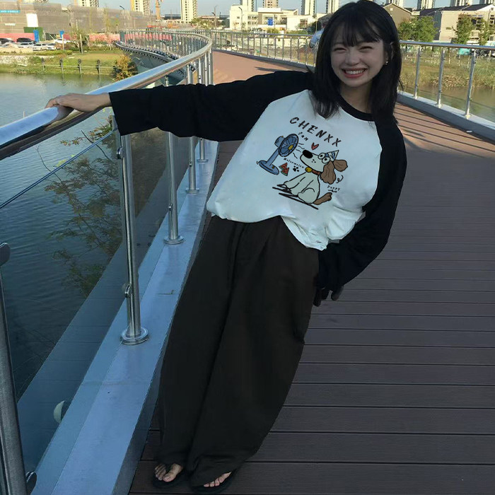 美式复古插肩长袖t恤女早秋穿搭拼接条纹打底衫宽松学院风上衣潮
