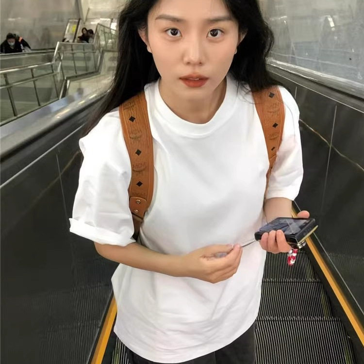 纯色中长款纯棉体恤上衣女百搭男女同款五分袖圆领宽松短袖基础款