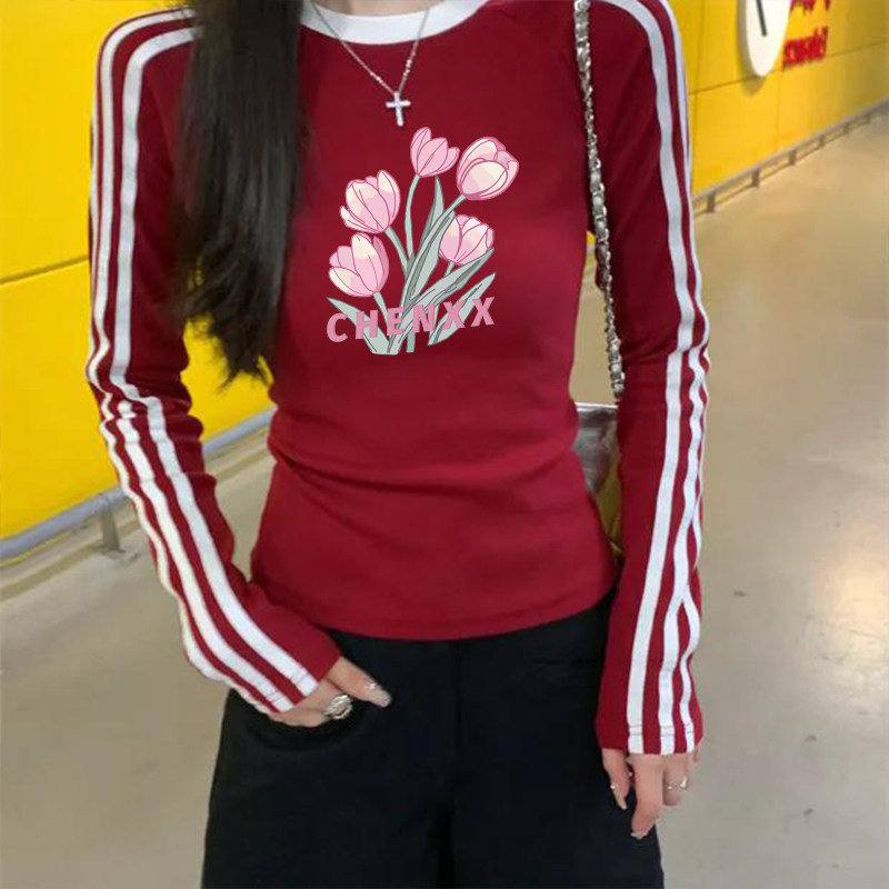 三条杠长袖条纹T恤女春秋冬装内搭显瘦紧身辣妹复古美式运动上衣