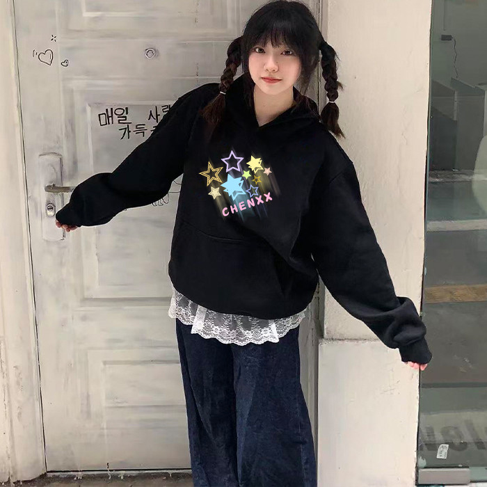 韩版宽松连帽卫衣女秋冬新款休闲美式复古印花运动男女情侣款帽衫