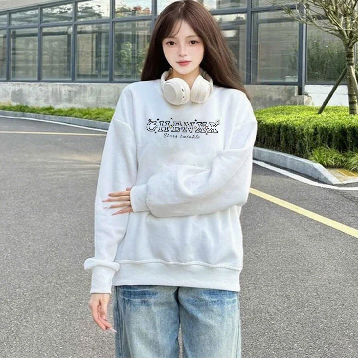 圆领卫衣女秋季韩系宽松慵懒风白色纯棉卫衣宽松运动潮牌套头上衣