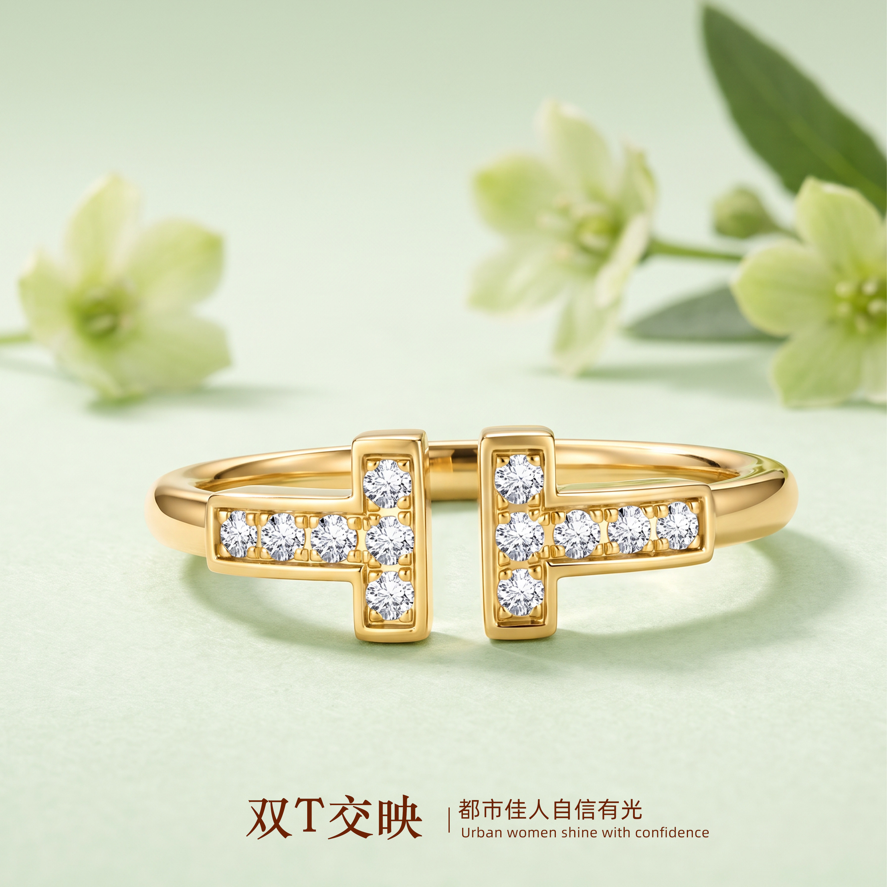 蒂芙星钻18K金双T满钻戒指