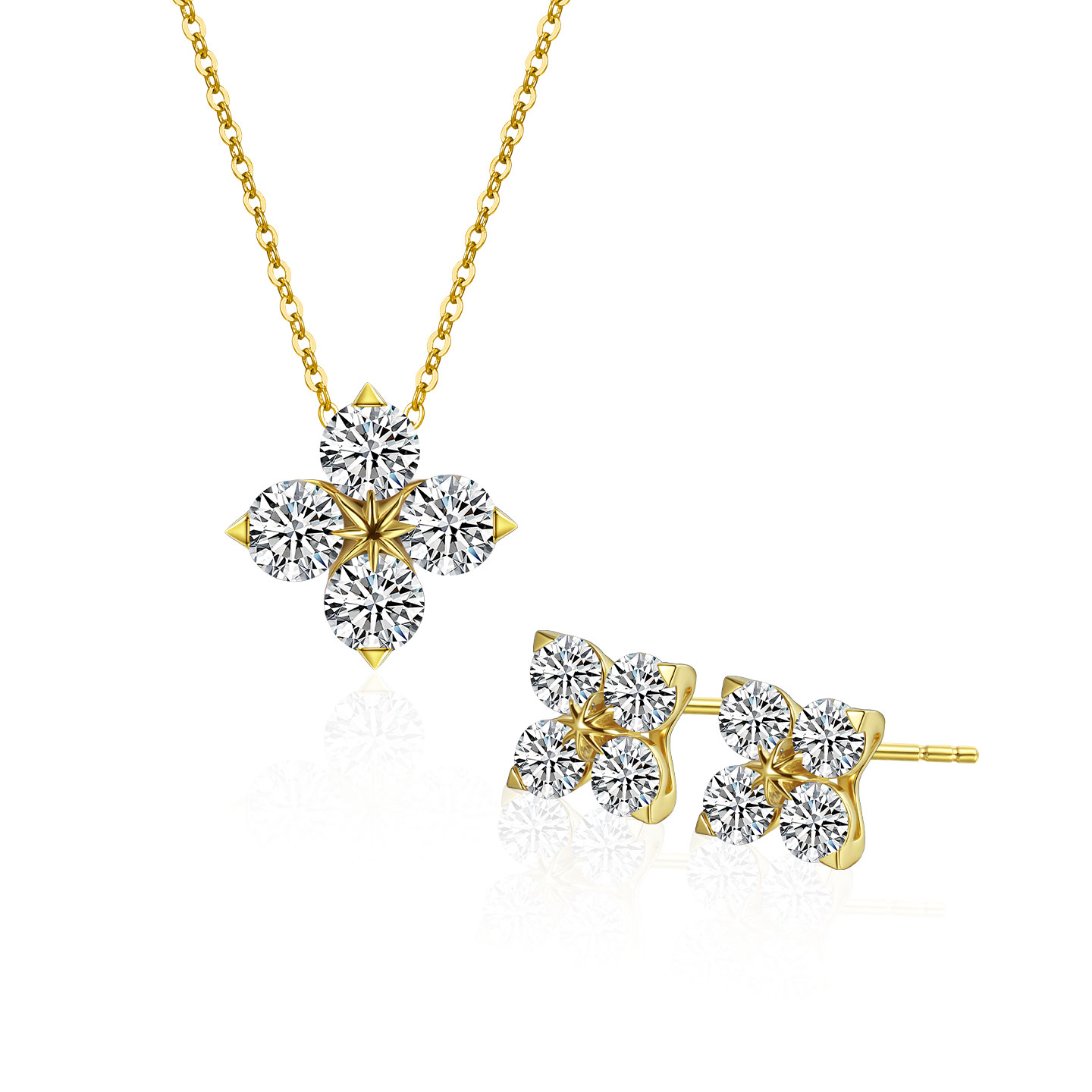 18K培育钻石幸运四叶草项链耳钉