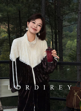 LORDIREY/【谨叙】蕾丝拼接丝绒复古立领休闲女时尚套装