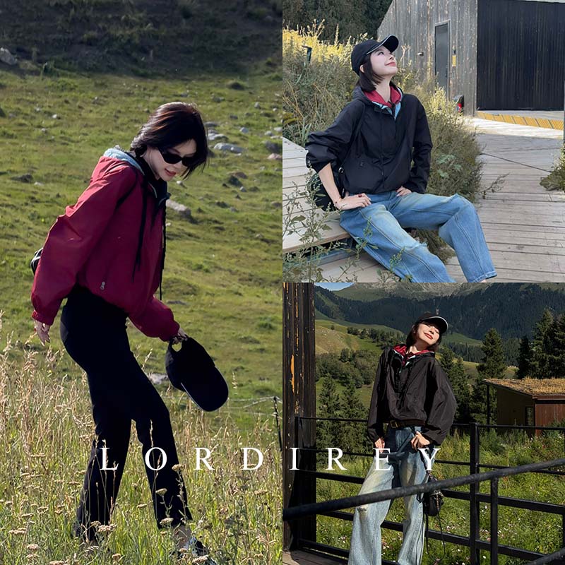 LORDIREY/【赤羽】两穿撞色连帽冲锋衣女短款显瘦户外防风外套