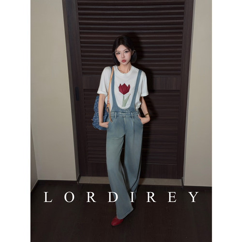 LORDIREY/【浅云】韩系休闲减龄宽松百搭复古水洗牛仔长裤背带裤