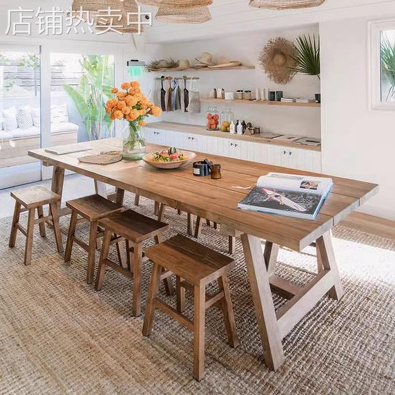 原木复古做旧全实木餐桌家用餐厅长桌美式乡村吃饭桌实木桌椅组合