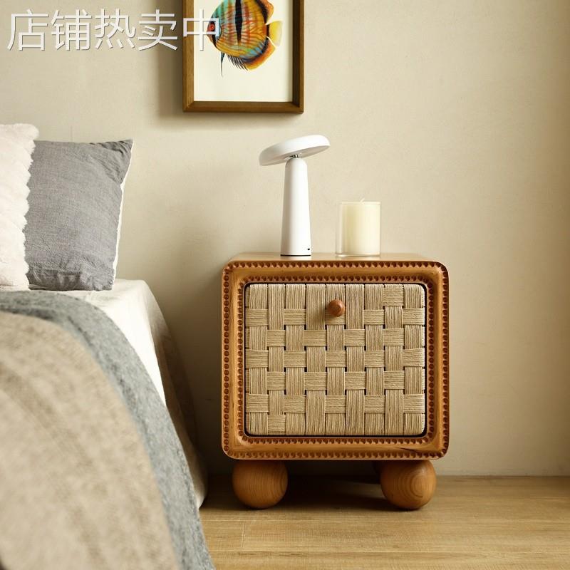 中古风原木色实木床头柜简约现代丹麦编织床头柜小户型复古储物柜