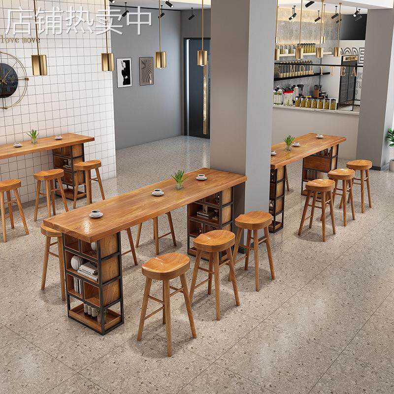 北欧简约实木吧台桌 家用长条靠墙餐桌 咖啡厅奶茶店高脚休闲桌椅