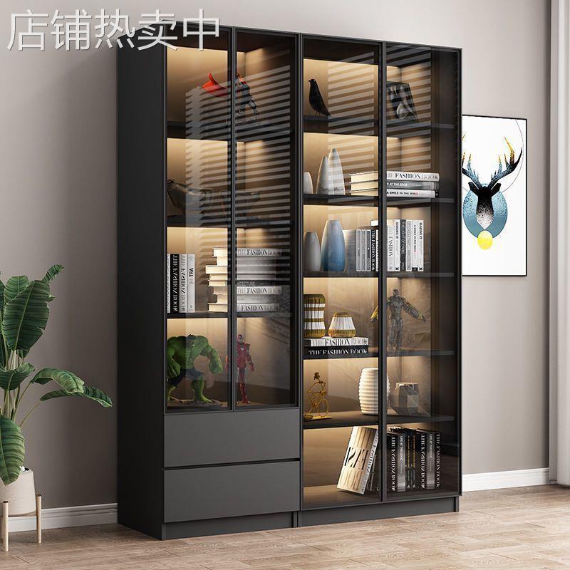 实木书柜带玻璃门书架现代简约置物架落地组合储物展示柜轻奢书橱