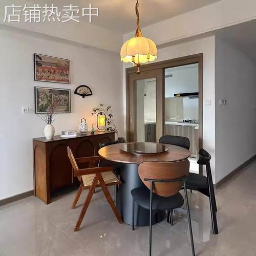 实木圆桌圆形餐桌客厅中古风复古黑胡桃木纹家用小户型带转盘桌子