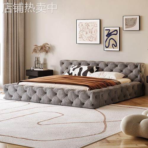 欧式榻榻米床ins风布艺床现代简约拉扣床美式主卧轻奢落地双人床
