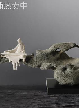 现代中式禅意树脂太湖石摆件软装样板房售楼部人物家居装饰品配搭