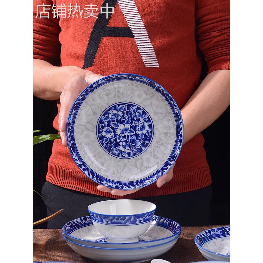 青花瓷盘子菜盘家用2023新款陶瓷菜碟子感中式装菜深盘套禄邦