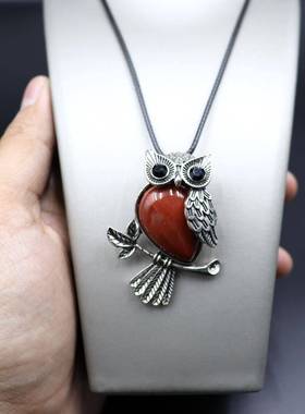 跨境热销天然紫水晶粉晶绿东陵吊坠猫头鹰饰品项链复古个性饰品