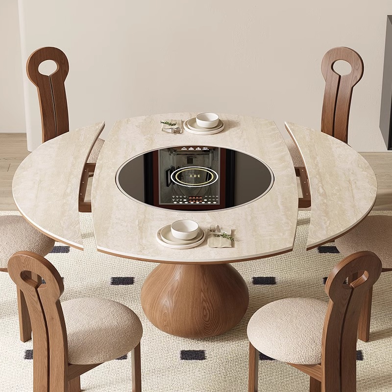 芬尼特实木圆形伸缩岩板餐桌