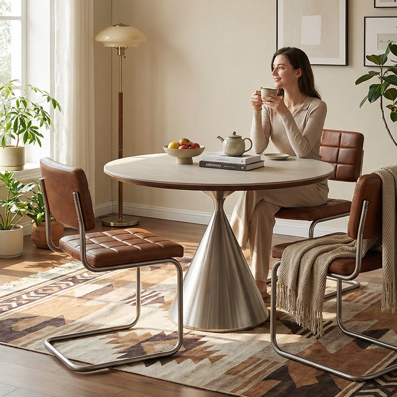 现代简约实用圆桌餐桌家用小户型洞石岩板圆形吃饭桌子洽谈桌子,住宅家具,岩板餐桌,淘宝优惠券,粉丝福利购,淘宝优惠卷