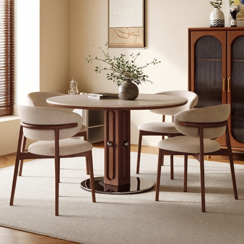 法式复古实木岩板餐桌椅组合圆桌