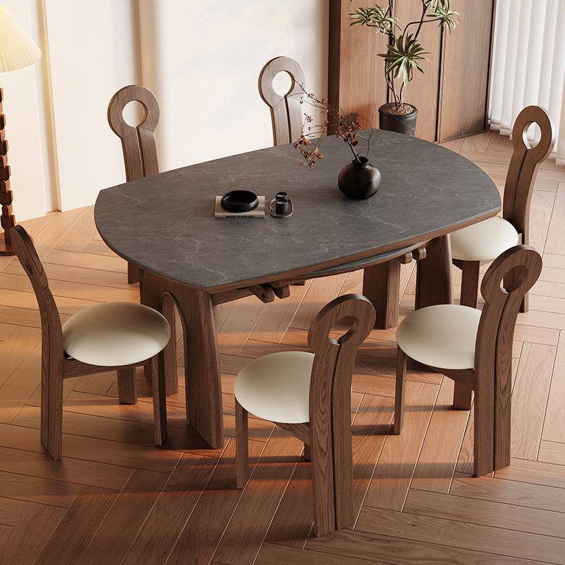 北欧实木伸缩岩板中古家用餐桌