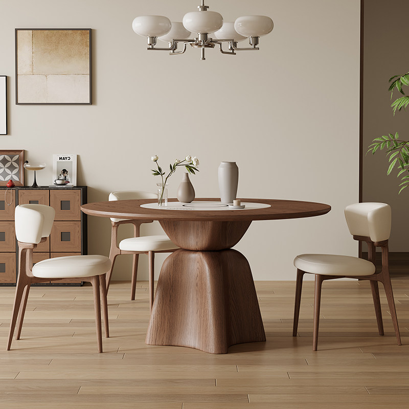 中古风实木圆形白蜡木餐桌内嵌转盘现代简约家用圆桌大户型饭桌子
