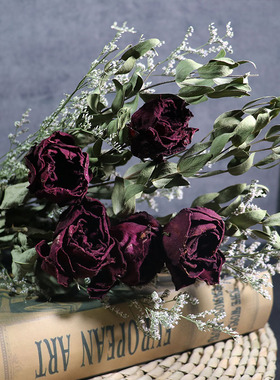 玫瑰干花花束向日葵尤加利果叶情人草真花摄影道具插花家居装天然