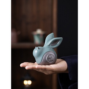 哥窑招财吉祥如意兔子摆件茶宠精品可养紫砂旺财创意茶玩家居摆件