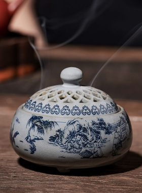 青花香炉 山水陶瓷古陶泥工艺品熏香摆件香薰炉创意家居香插香