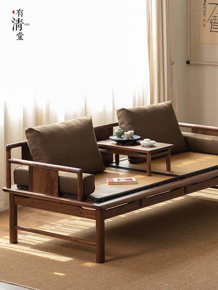 有清堂新中式实木罗汉床沙发床两用北美黑胡桃木床榻茶室宋式美学