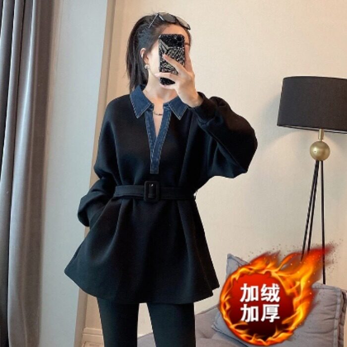 黑色中长款遮屁股卫衣女小个子收腰法式上衣秋冬2025新款欧洲站货