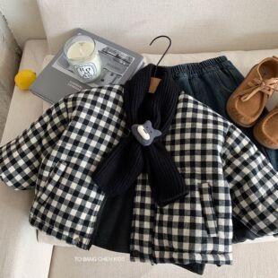 邦诚儿童棉服2025新款冬季潮男童围巾格子加厚棉衣女宝宝冬装上衣
