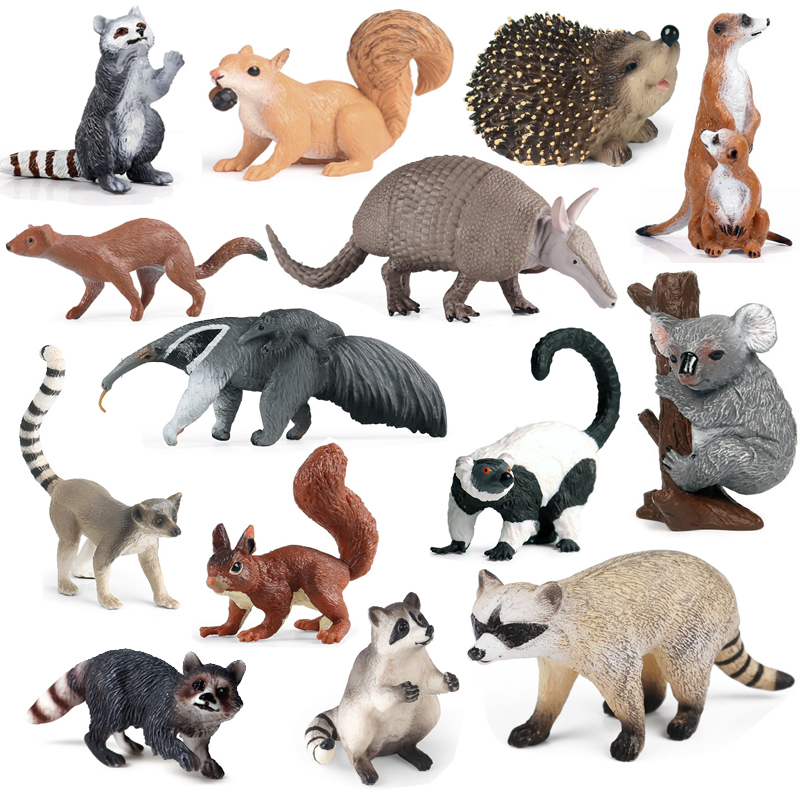 儿童仿真动物模型实心小动物玩具浣熊刺猬松鼠考拉食蚁兽沙盘摆件