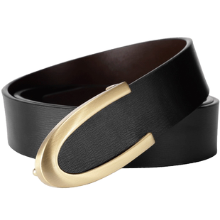 C字皮带男士真皮平滑扣简约腰带男韩版潮流时尚板扣休闲青年裤带