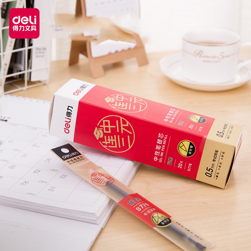 得力文具中性笔芯学生考试连中三元替芯0.5全针管黑色20支装 高考