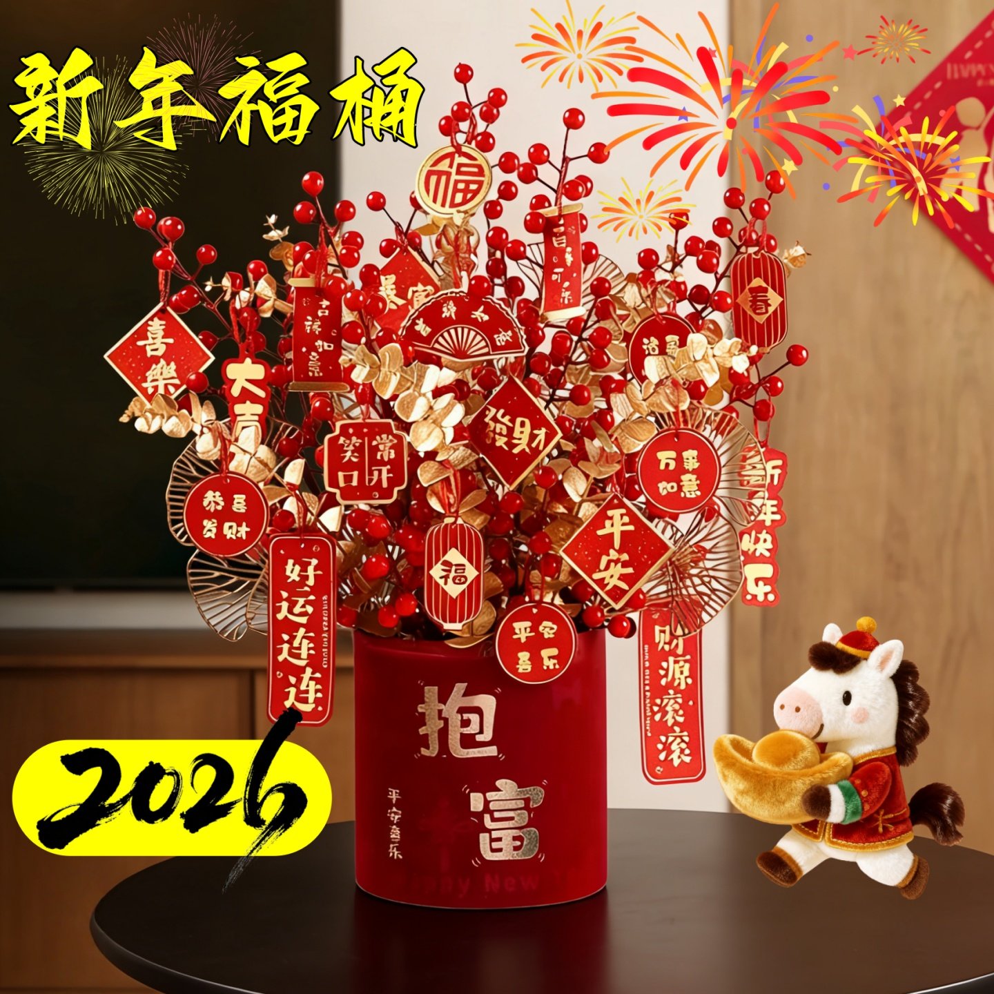2026新年福桶装饰挂摆件抱抱桶花束diy材料马年乔迁新居礼物红果,鲜花速递/花卉仿真/绿植园艺,时令草本花卉,淘宝优惠券,粉丝福利购,淘宝优惠卷