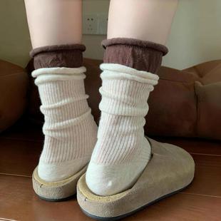 卷边堆堆袜ins潮灰蓝双袜口袜子女简约百搭薄款 春夏款 镂空中筒袜