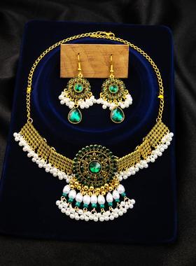 欧美跨境金属玫瑰花项链异域复古红宝石耳环时尚文艺流苏套装