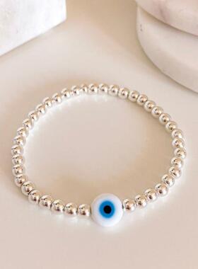 跨境饰品欧美真空电镀铜镀金珠弹力手串百搭土耳其幸运眼睛手链女